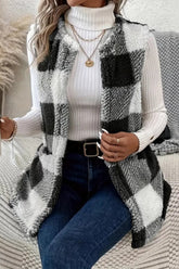 Sherpa Plaid Open Front Vest Coat Black OutfitFlow